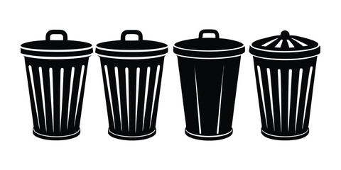 Collection of Four Different Trash Can Silhouettes Black and White Waste Bin Icons for Waste Disposal and Recycling Concepts