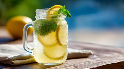 Iced lemonade with lemon slices and mint leaves in mason jar stands on wooden table; lemonade condensation glows as lemonade reflects light in cozy summer refreshment concept