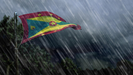 flag of Grenada with rain and dark clouds, rainfall forecast symbol - nature 3D illustration