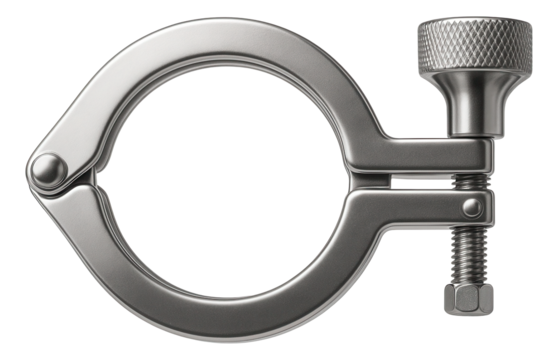 Stainless steel sanitary clamp for secure connections in food processing facilities.
