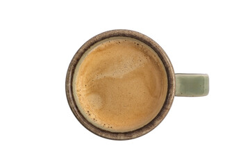 cup of espresso coffee isolated on white background, top view