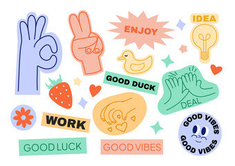 Groovy sticker pack. Trendy retro vintage badges. Comic hands. Patches. Smiling characters. Bundle. Rave icons. Happy elements. Psychedelic. Stamps. Nostalgic emoji