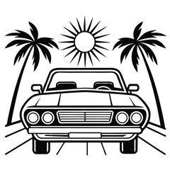 Retro Convertible Car Driving on a Sunny Day with Palm Trees