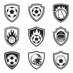 Obraz premium A set of black and white shield icons featuring sports like soccer, basketball, and football