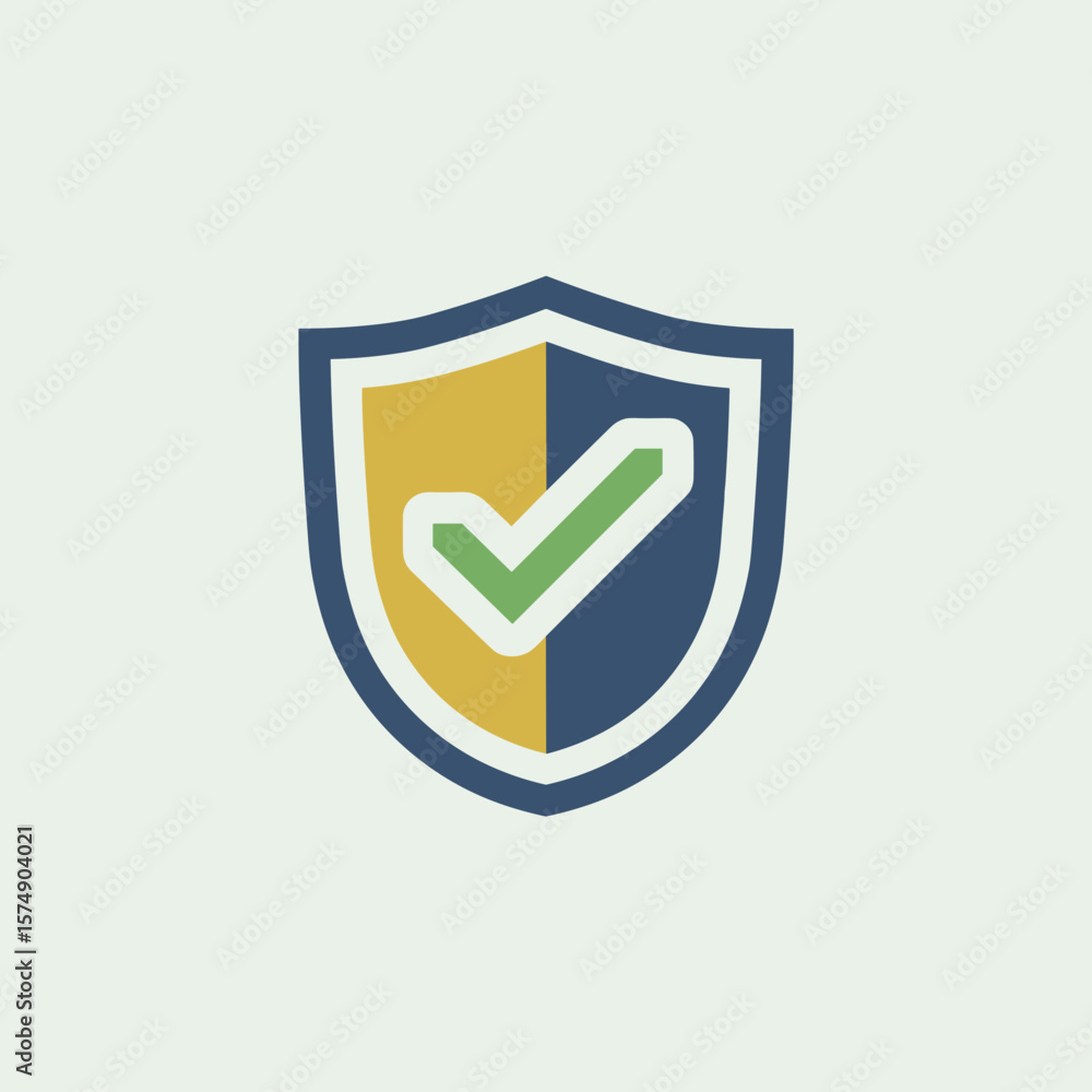 Poster blue bordered shield with green checkmark on yellow background – suitable for security, approval, an