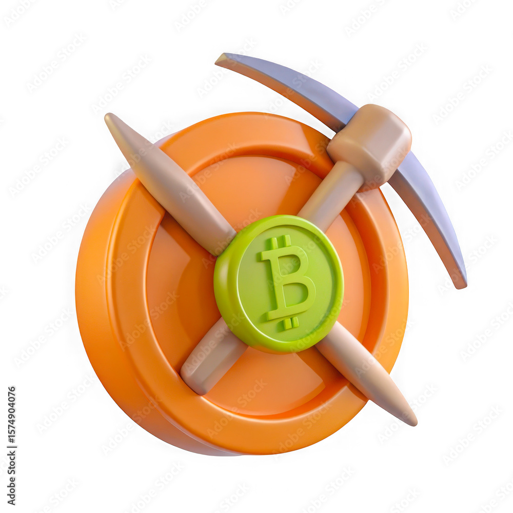 Poster stylized bitcoin mining concept with pickaxe and coin isolated on transparent background