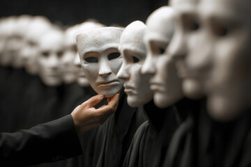 Row of white masks with one hand holding a mask symbolizing individuality anonymity identity and conformity in dark atmosphere