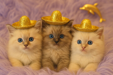 Three adorable fluffy kittens wearing sparkly gold sombrero hats on a soft purple background