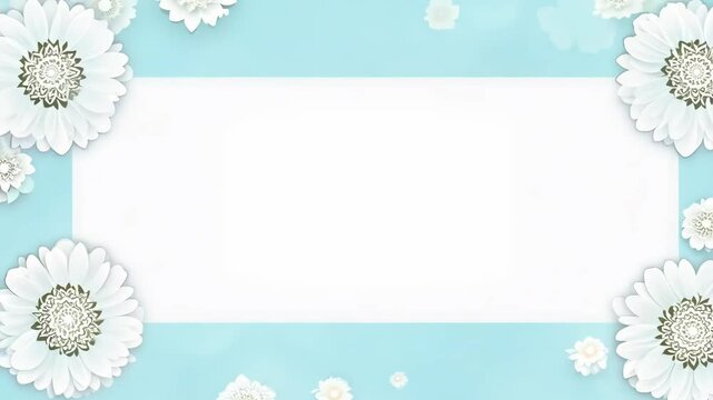 White floral frame on blue background, elegant botanical concept for wedding invitations and spring branding. 