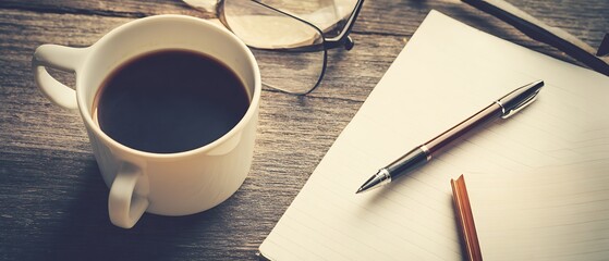 Coffee break with notebook and pen