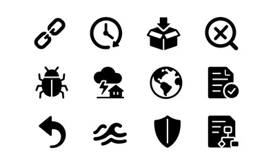 Fototapeta premium Supply chain risk icons featuring cyber attack, geopolitical globe, mitigation shield, and more