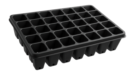 Seedling tray with individual cells for starting seeds indoors, featuring a drainage hole at the bottom of each cell for a private house.