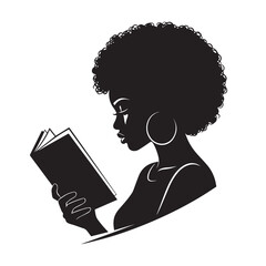 Silhouette of young black woman reading book with afro hairstyle