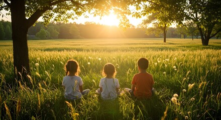 Children at golden hour sit in a grassy field under a tree and watch the sunset in peaceful nature.