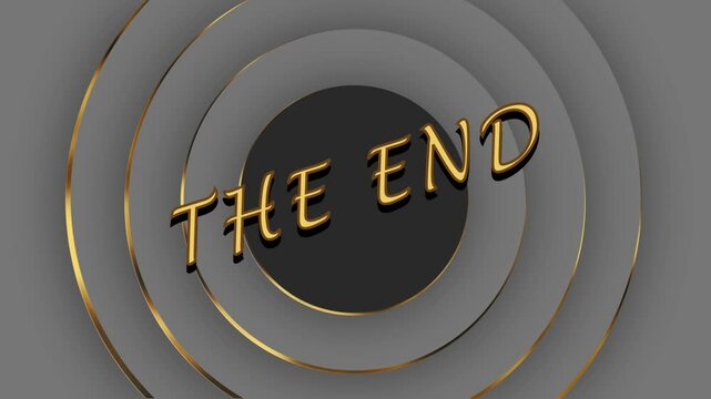 The end golden text on vintage cinematic cartoon style circles outro animation loop. Gray circles zooming in with bounce back effect.