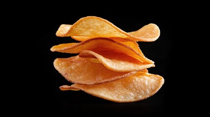 Stack of crispy potato chips against a black backdrop.  Close-up, showcasing texture