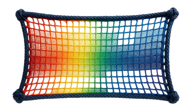 Garden netting used in a public park to create a safe play area for children, featuring brightly colored, multi-density mesh.