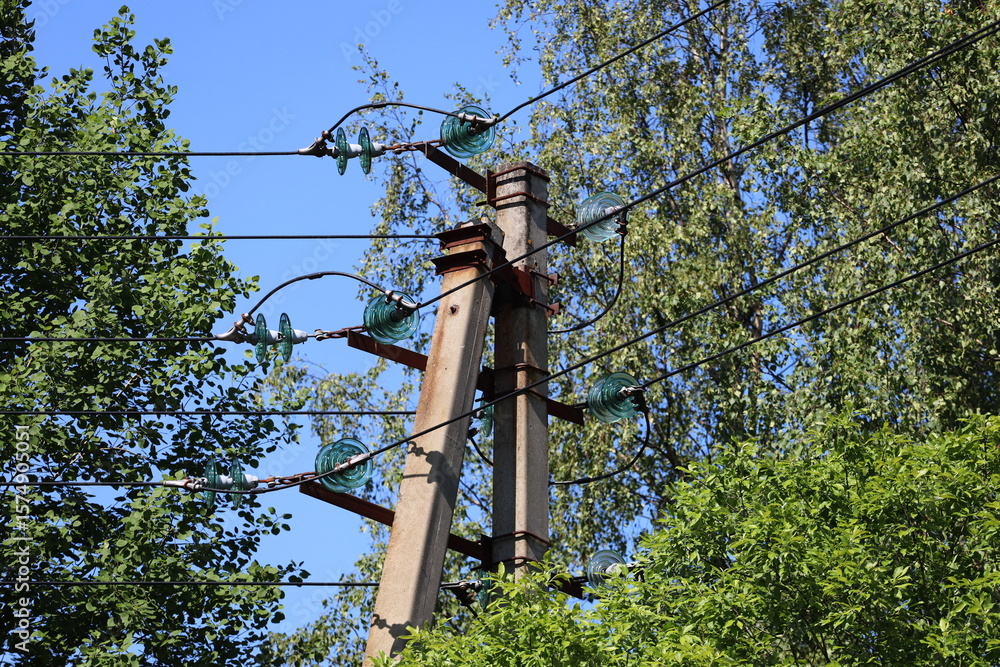 Poster a wooden utility pole with multiple wires and connections on top, suitable for use in illustrations 