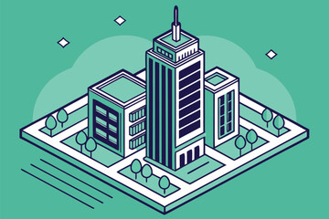 Isometric Cityscape Illustration with Buildings Trees and Geometric Shapes
