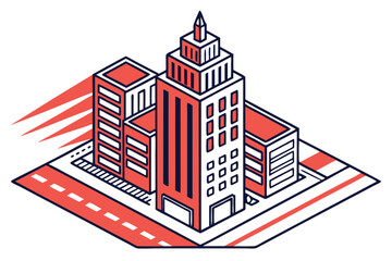 Isometric Cityscape Illustration with Red and Blue Buildings