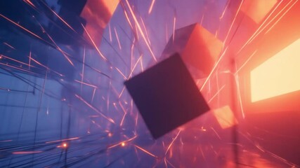 Dynamic background features floating cubes with orange and blue glow effects, offering a futuristic and technological aesthetic perfect for modern projects needing visual flair and depth. - Powered by Adobe