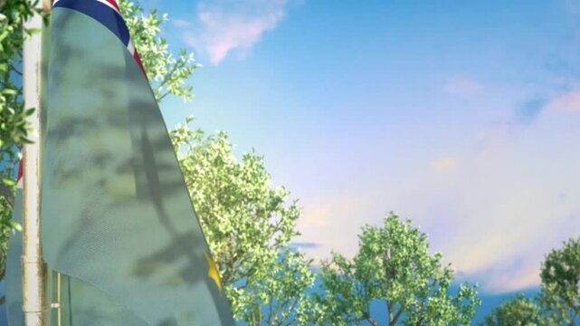 Waving flag of Tuvalu on forest and blue sky background