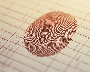 A close-up image of a detailed fingerprint on graph paper, highlighting unique ridge patterns.