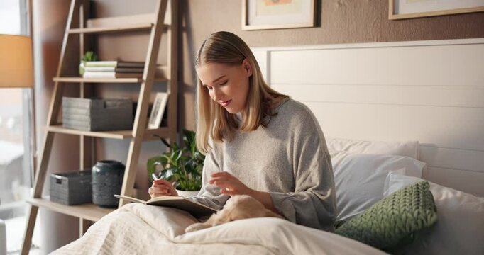 Smile, woman and writing notes with dog for planning, reminder and self reflection on bed. Female person, stroke puppy and notebook for checklist, inspiration ideas and journal information at house