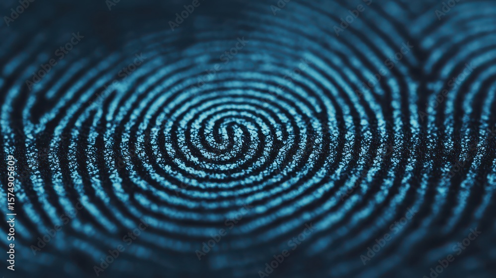 Poster close-up image of a blue fingerprint spiral pattern with detailed ridges and valleys illuminated aga