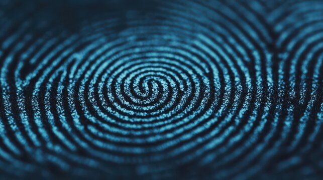 Close-up image of a blue fingerprint spiral pattern with detailed ridges and valleys illuminated against a dark background.