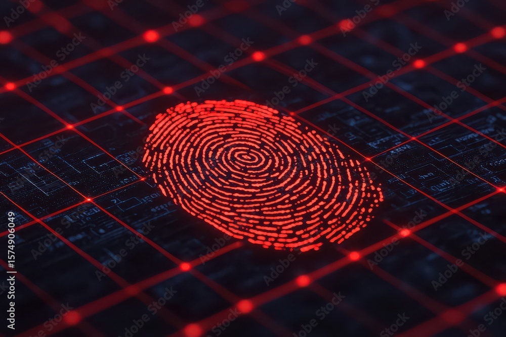 Poster a glowing red fingerprint is displayed on a dark digital grid, symbolizing biometric security and ad
