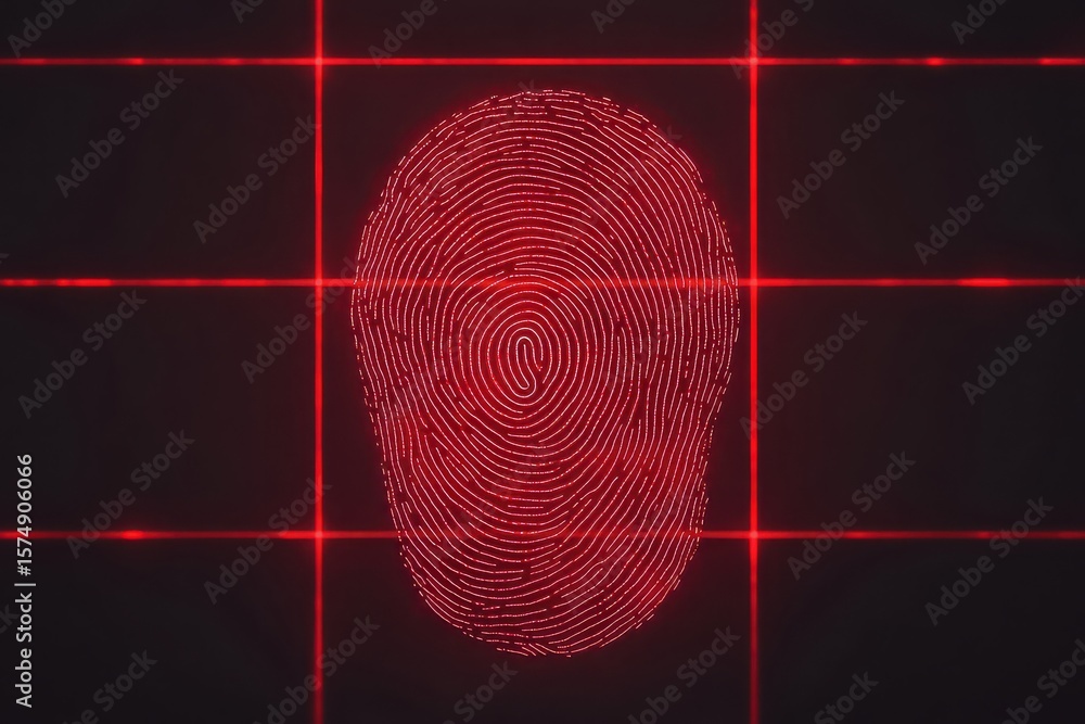 Poster a glowing red fingerprint is scanned by horizontal and vertical laser lines on a dark background, sy
