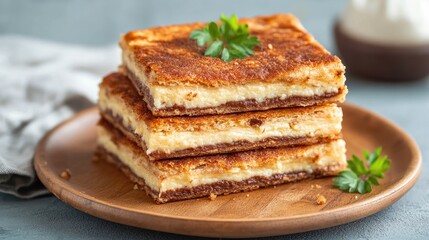 Stacked squares of sweet pastry, possibly a cheese pie, with a light brown crust and creamy filling, garnished with fresh parsley.  Close-up on a wooden plate