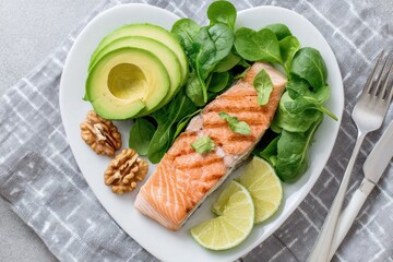 Heart-shaped plate containing grilled salmon, avocado, spinach, lime and walnuts composing a healthy meal