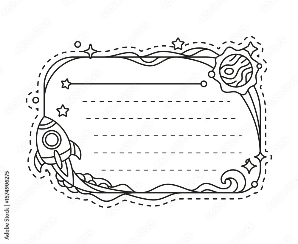 Poster space rocket and planet kids memo note template. kids dairy or planner vector memo note linear vecto
