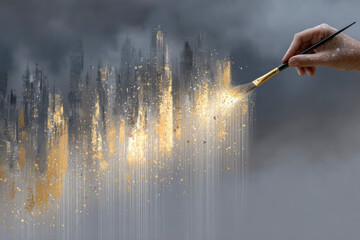Hand holding brush painting glowing golden cityscape on dark cloudy background symbolizing creativity imagination transformation and artistic vision