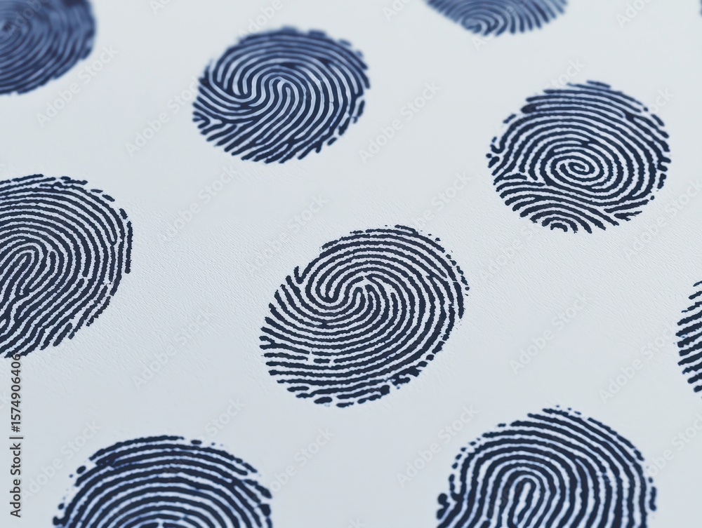Poster numerous black ink fingerprints arranged randomly on a white surface, highlighting unique biometric 