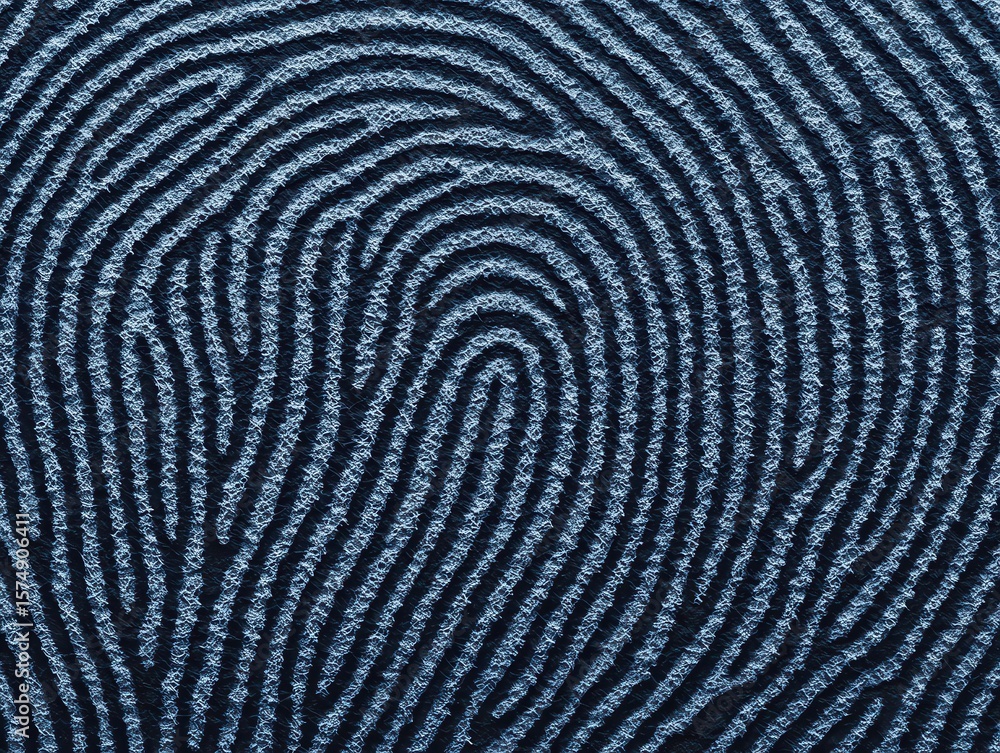 Poster close-up image of a detailed fingerprint pattern in black and white, highlighting the unique ridge l