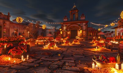 a town square filled with altars, traditional foods, and families honoring their ancestors