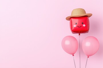 A cute red square balloon with a smiling face and straw hat floats alongside two pink balloons against a pastel pink background.
