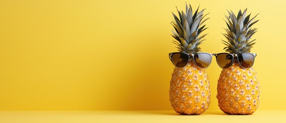 Two pineapples wearing sunglasses stand side by side against a yellow background, creating a fun and tropical vibe.