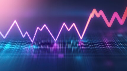 A glowing pink line graph with fluctuating peaks and valleys over a blue digital grid background, symbolizing data trends and analytics.