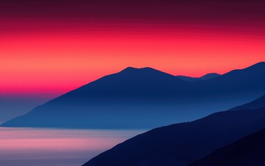 A serene coastal mountain landscape at sunset with vivid red and purple skies blending into the calm ocean below.