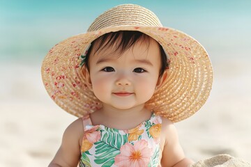 A smiling toddler wearing a large straw hat and a floral dress enjoys a sunny day at the beach with a blurred ocean background.
