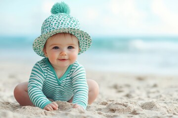 A smiling baby wearing a striped outfit and a pom-pom hat plays on a sandy beach with a blurred ocean background.