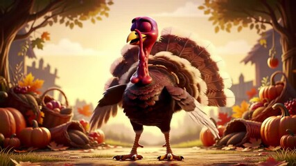 Animated turkey dancing in autumn scene with pumpkins for thanksgiving celebration concept of festive holiday, cute cartoon bird, harvest season - Powered by Adobe