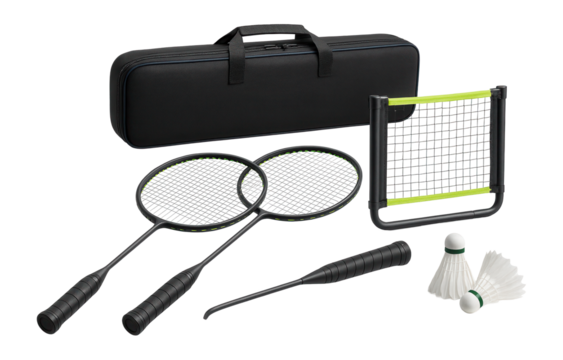 Travel badminton set with compact carrying case and foldable net
