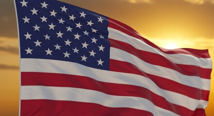 Obraz premium An American Flag with a Golden Sunset Background, Symbol of patriotism with the U.S. flag waving in the wind