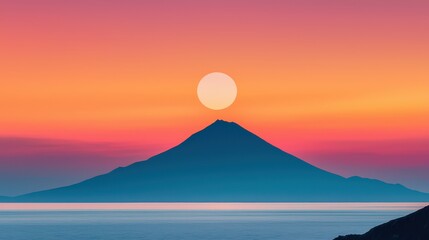 A stunning sunset with a glowing sun perfectly aligned atop a mountain peak, casting vibrant orange and purple hues over a calm sea.
