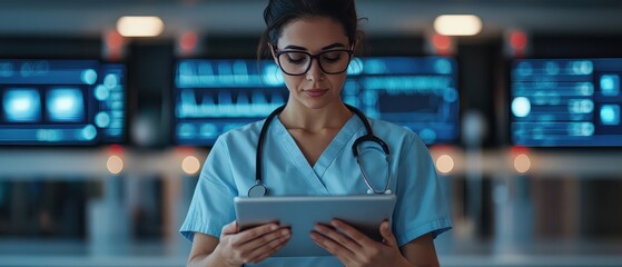 A female healthcare professional in scrubs uses a tablet in a high-tech medical environment with digital screens in the background.